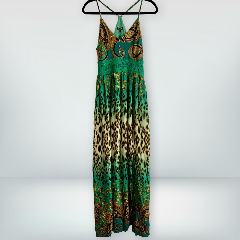 NWT Fashion Nova Holy Slit Spaghetti Strap Maxi Green Mixed Print Dress, size M - Picture 2 of 16